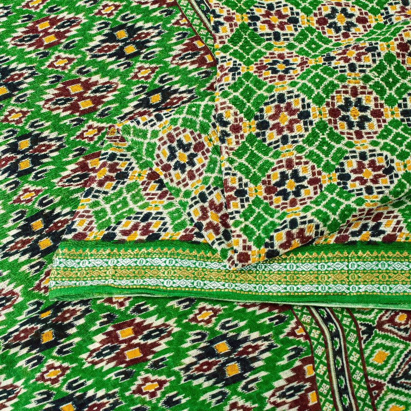 Sanskriti Vintage Sarees Green Pure Cotton Patan Patola Gujrat Print 5+YD Sari