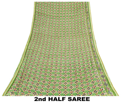 Sanskriti Vintage Saree Green 100% Pure Cotton 5+YD Saree Patan Patola Printed From Gujrat Of India 5+Yd Sari Authentic Sustainable