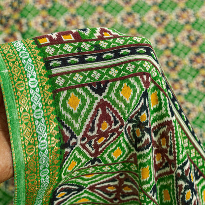 Sanskriti Vintage Sarees Green Pure Cotton Patan Patola Gujrat Print 5+YD Sari