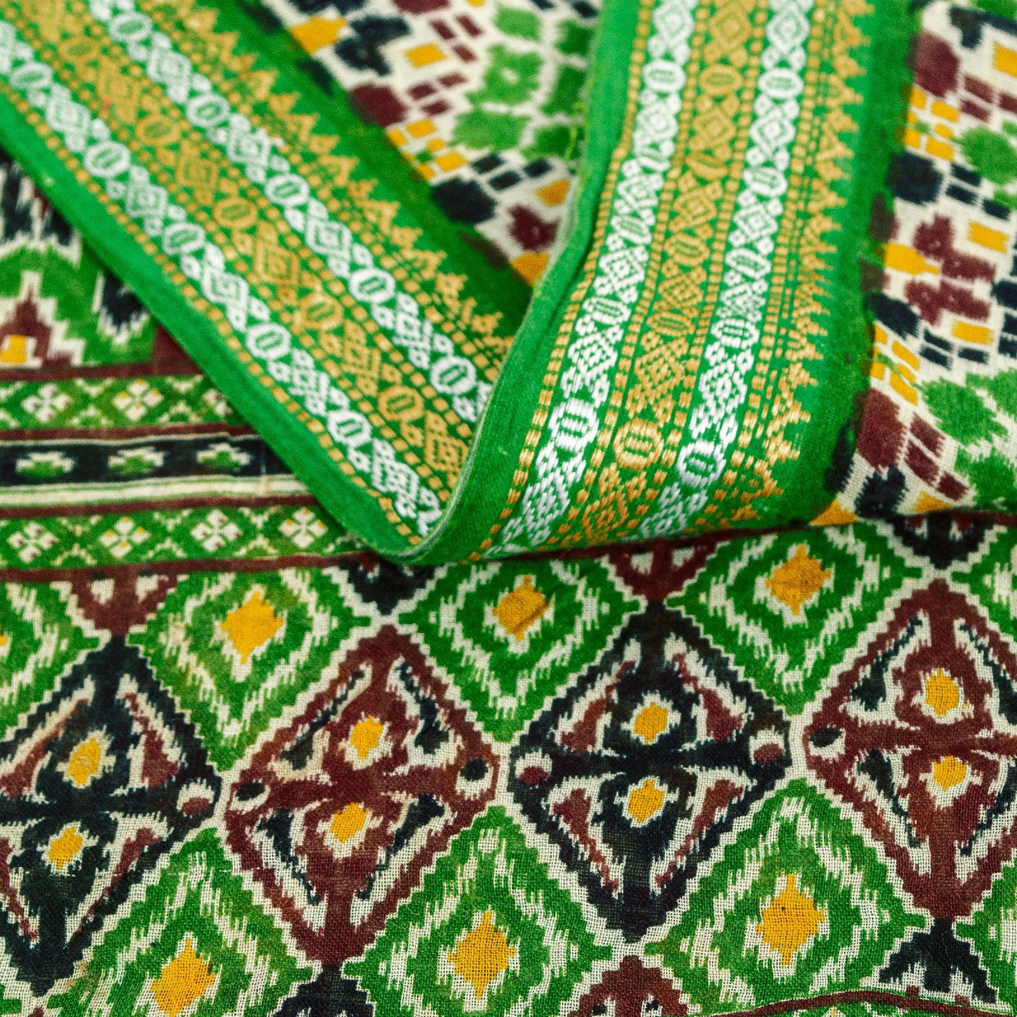 Sanskriti Vintage Sarees Green Pure Cotton Patan Patola Gujrat Print 5+YD Sari
