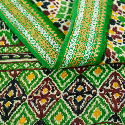 Sanskriti Vintage Sarees Green Pure Cotton Patan Patola Gujrat Print 5+YD Sari