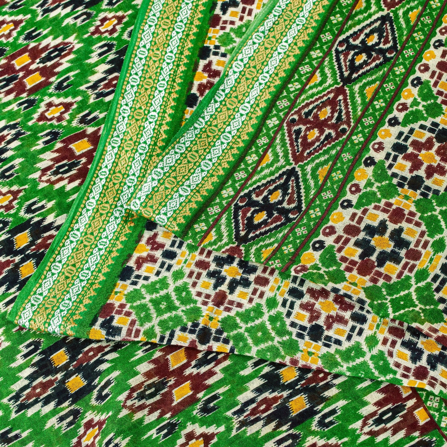 Sanskriti Vintage Sarees Green Pure Cotton Patan Patola Gujrat Print 5+YD Sari