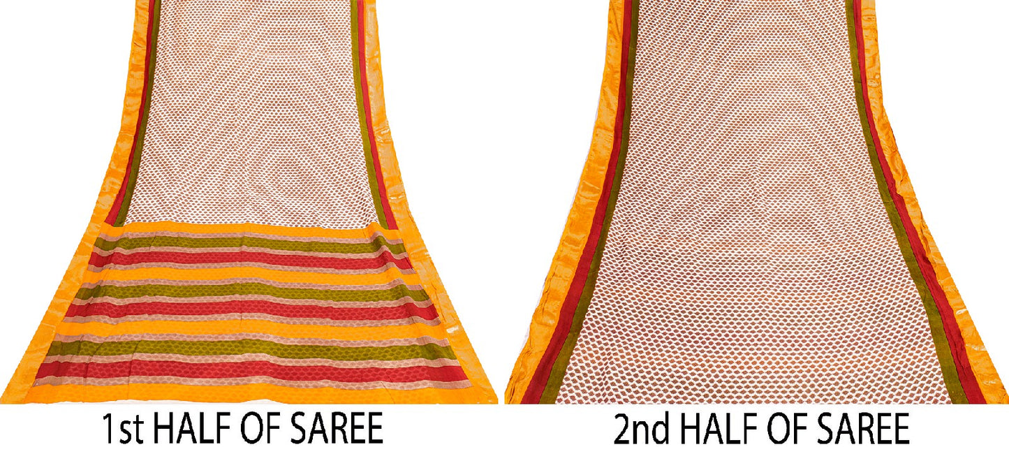 Sanskriti Vintage Sarees Ivory Pure Cotton Hand Block Print & Woven 5+YD Sari