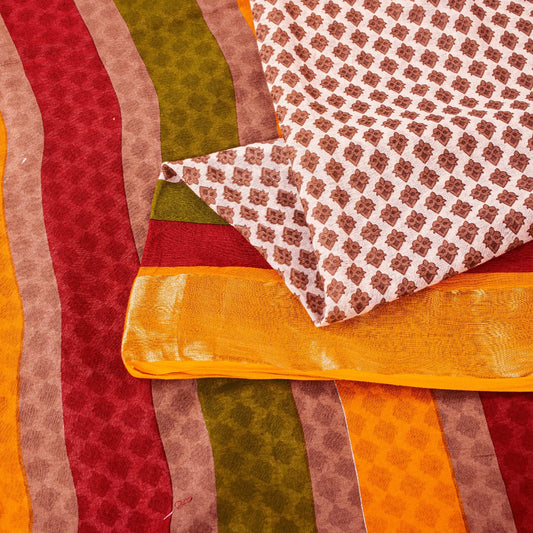 Sanskriti Vintage Sarees Ivory Pure Cotton Hand Block Print & Woven 5+YD Sari