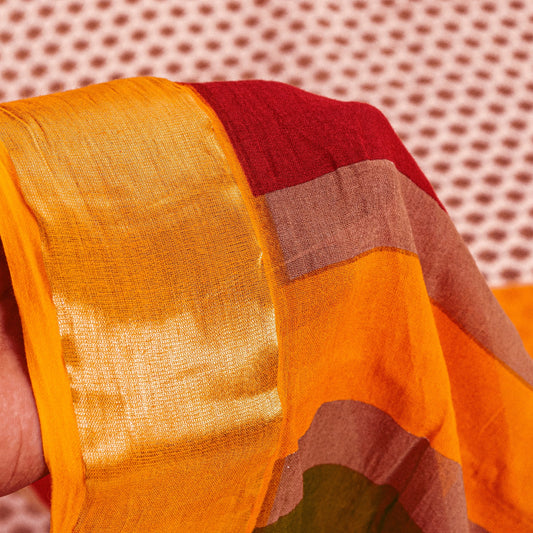 Sanskriti Vintage Sarees Ivory Pure Cotton Hand Block Print & Woven 5+YD Sari