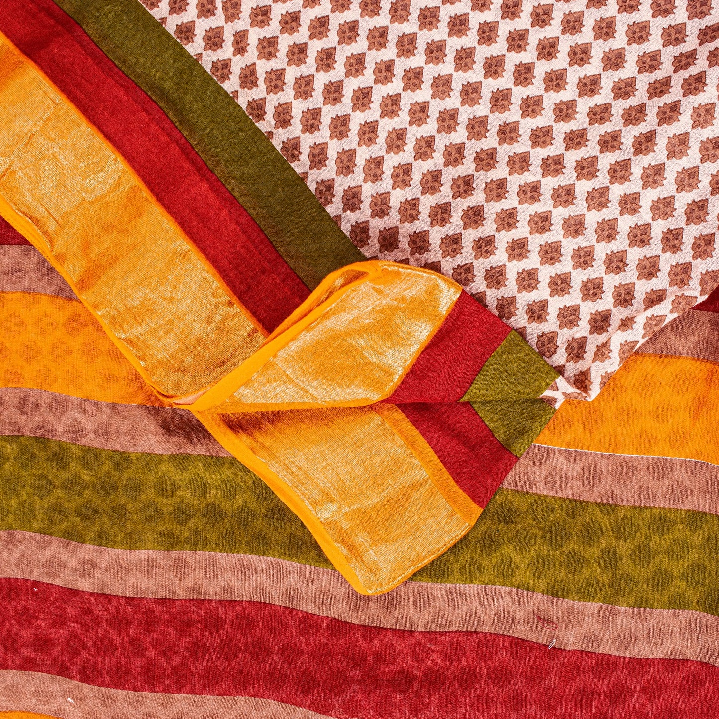 Sanskriti Vintage Sarees Ivory Pure Cotton Hand Block Print & Woven 5+YD Sari