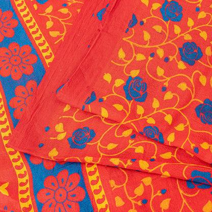 Sanskriti Vintage Sarees Red Pure Cotton Floral Print 5+YD Sustainable CraftSari