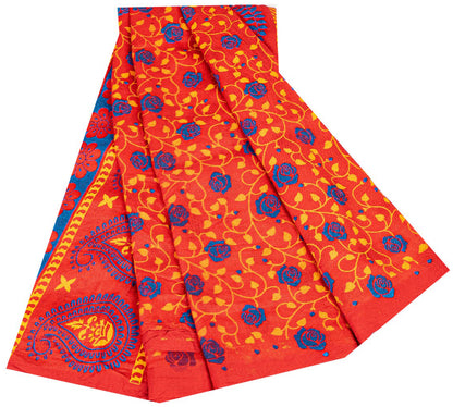 Sanskriti Vintage Sarees Red Pure Cotton Floral Print 5+YD Sustainable CraftSari
