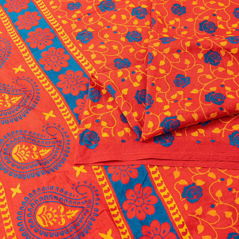 Sanskriti Vintage Sarees Red Pure Cotton Floral Print 5+YD Sustainable CraftSari
