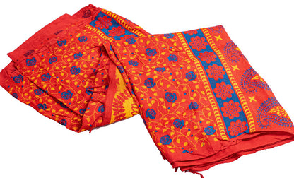 Sanskriti Vintage Sarees Red Pure Cotton Floral Print 5+YD Sustainable CraftSari