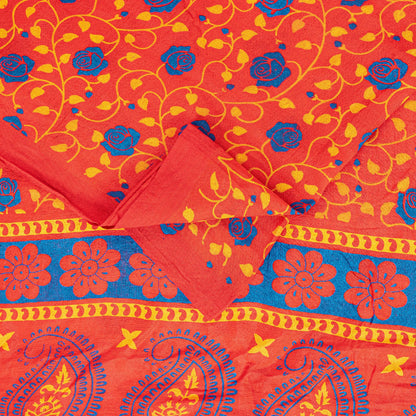 Sanskriti Vintage Sarees Red Pure Cotton Floral Print 5+YD Sustainable CraftSari