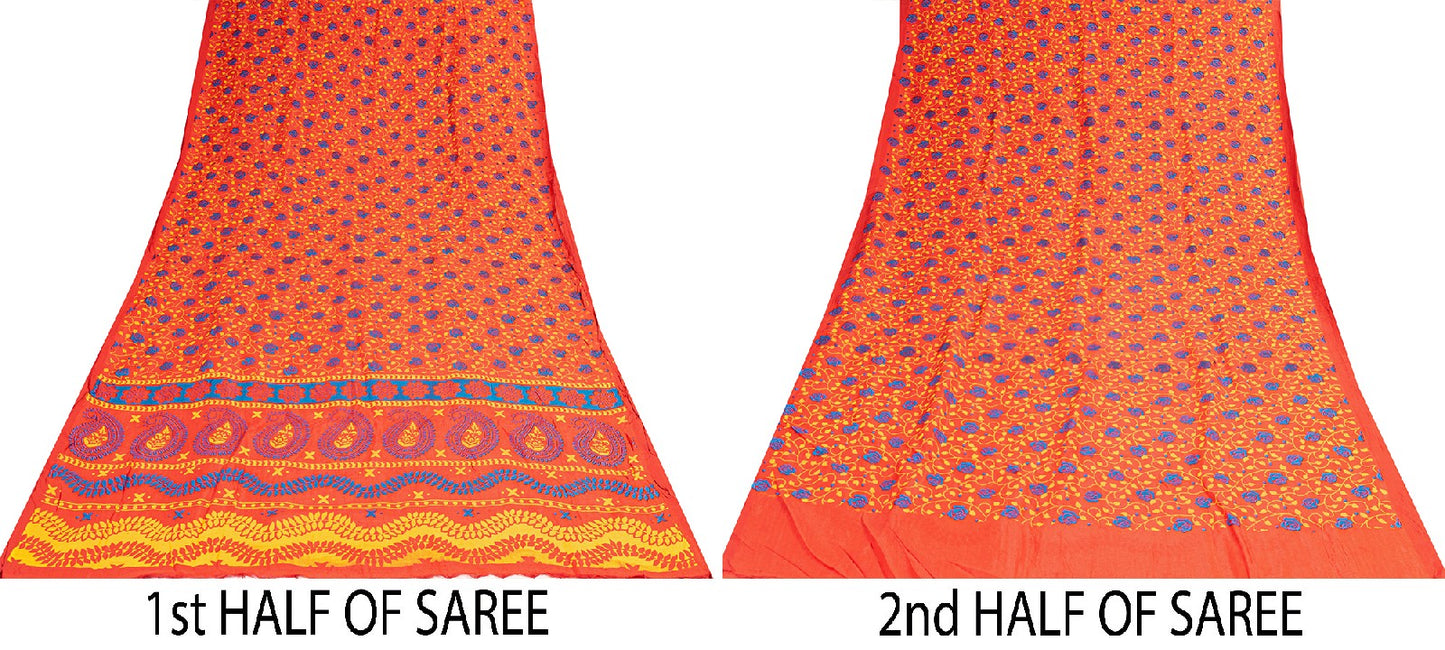 Sanskriti Vintage Sarees Red Pure Cotton Floral Print 5+YD Sustainable CraftSari