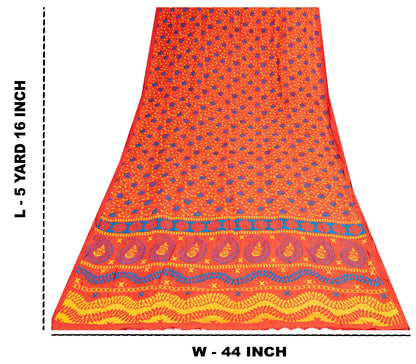 Sanskriti Vintage Sarees Red Pure Cotton Floral Print 5+YD Sustainable CraftSari