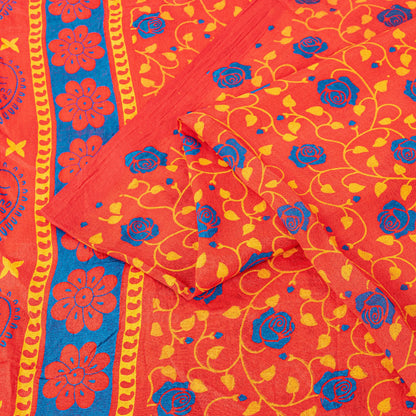 Sanskriti Vintage Sarees Red Pure Cotton Floral Print 5+YD Sustainable CraftSari