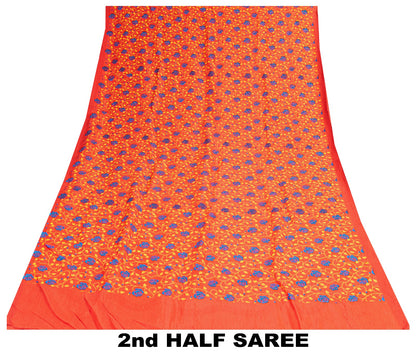 Sanskriti Vintage Sarees Red Pure Cotton Floral Print 5+YD Sustainable CraftSari