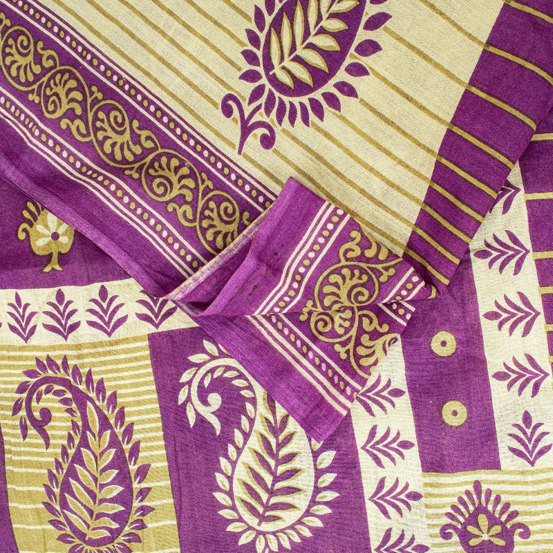 Sanskriti Vintage Sarees Purple Pure Cotton Paisley Print 5+YD Sustainable Sari