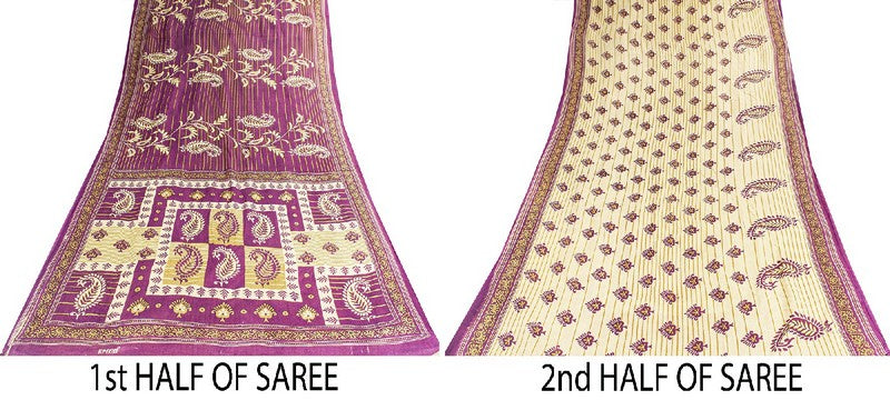 Sanskriti Vintage Sarees Purple Pure Cotton Paisley Print 5+YD Sustainable Sari