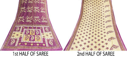 Sanskriti Vintage Sarees Purple Pure Cotton Paisley Print 5+YD Sustainable Sari