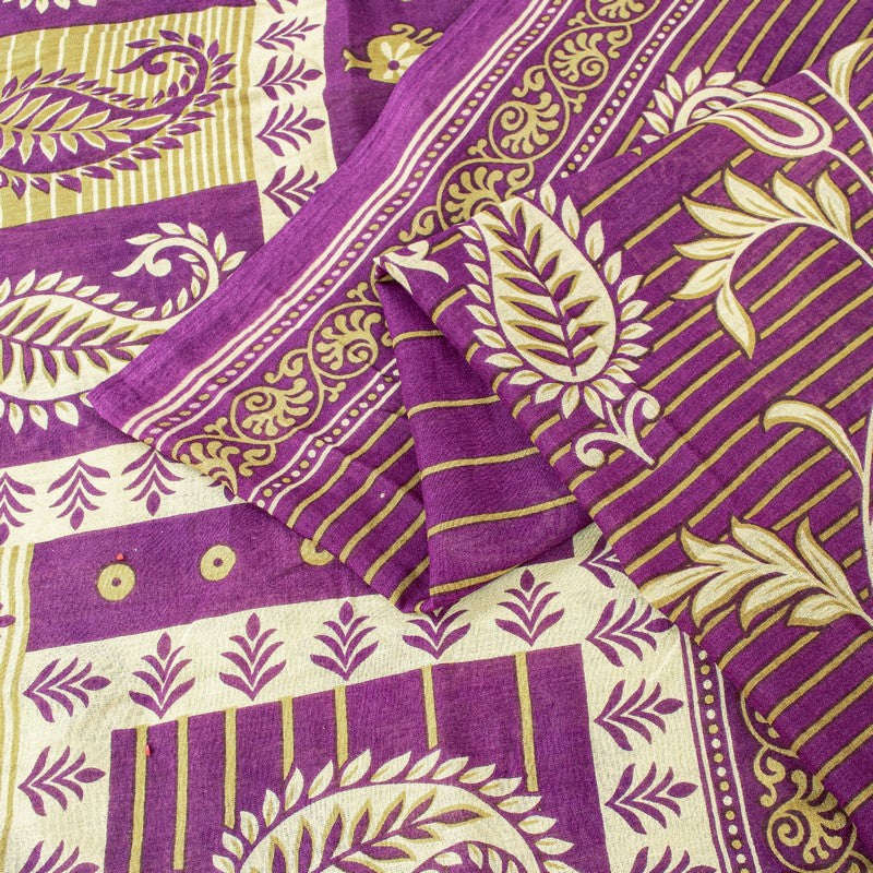 Sanskriti Vintage Sarees Purple Pure Cotton Paisley Print 5+YD Sustainable Sari