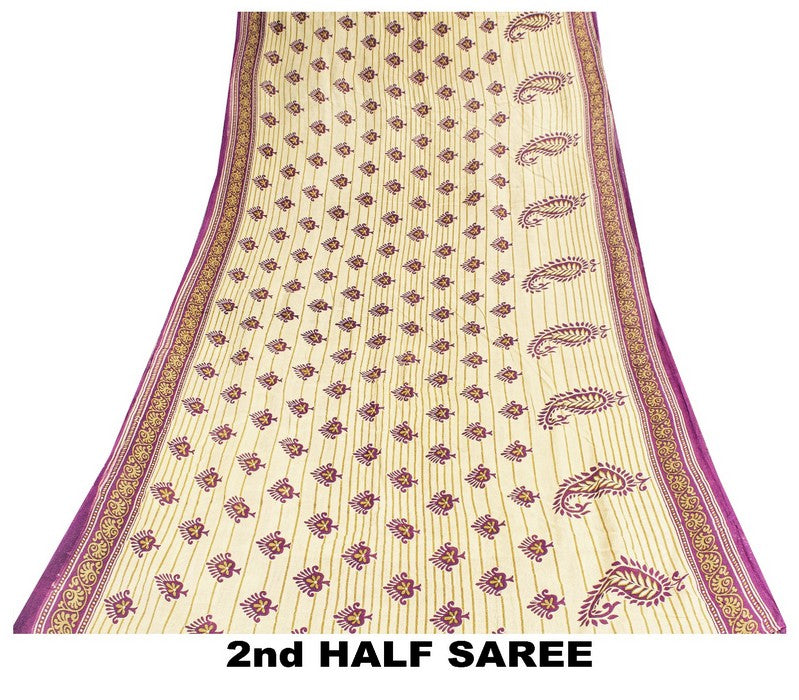 Sanskriti Vintage Sarees Purple Pure Cotton Paisley Print 5+YD Sustainable Sari