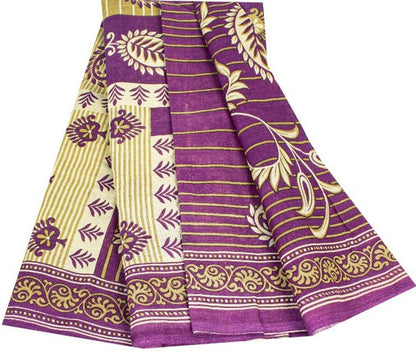 Sanskriti Vintage Sarees Purple Pure Cotton Paisley Print 5+YD Sustainable Sari
