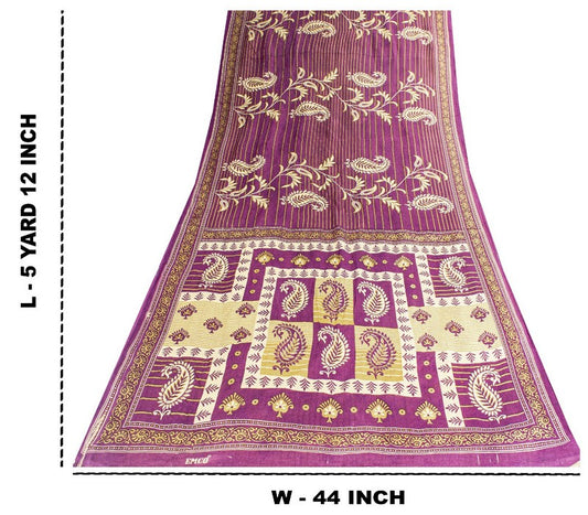 Sanskriti Vintage Sarees Purple Pure Cotton Paisley Print 5+YD Sustainable Sari