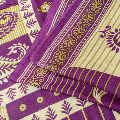 Sanskriti Vintage Sarees Purple Pure Cotton Paisley Print 5+YD Sustainable Sari