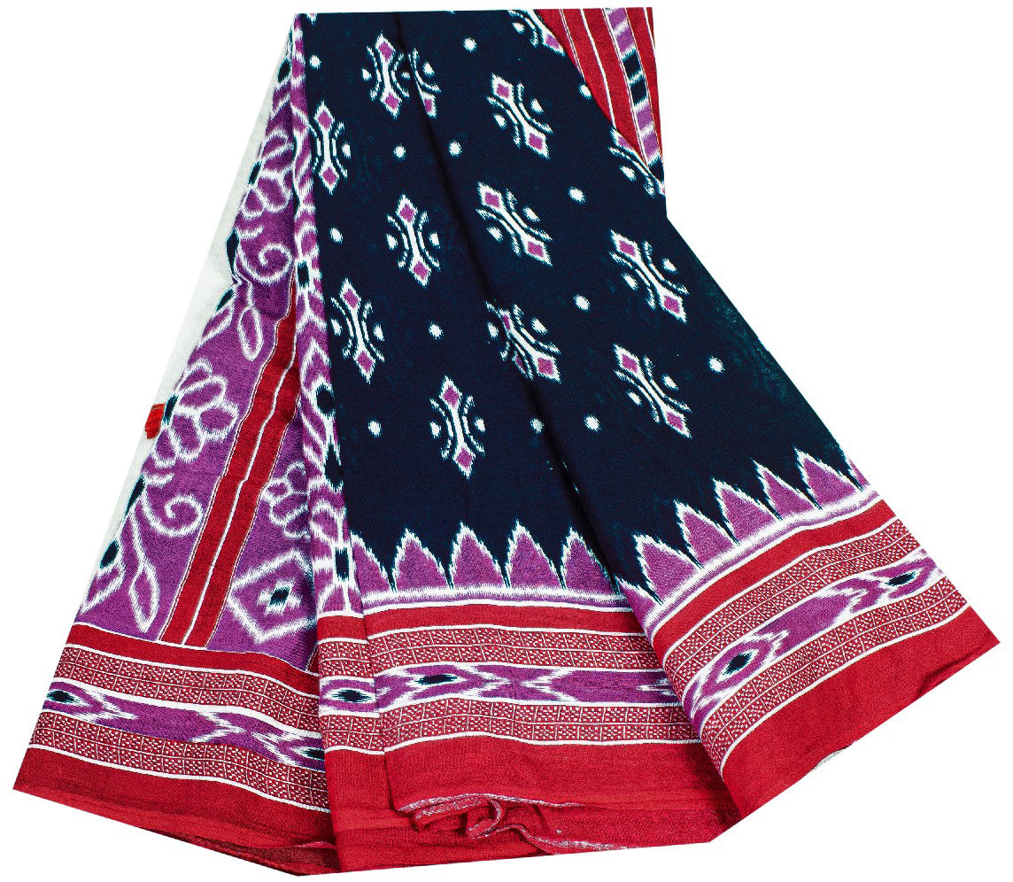 Sanskriti Vintage Sarees Blue & Pink 100%Pure Cotton Ikat Floral Print 5+YD Sari