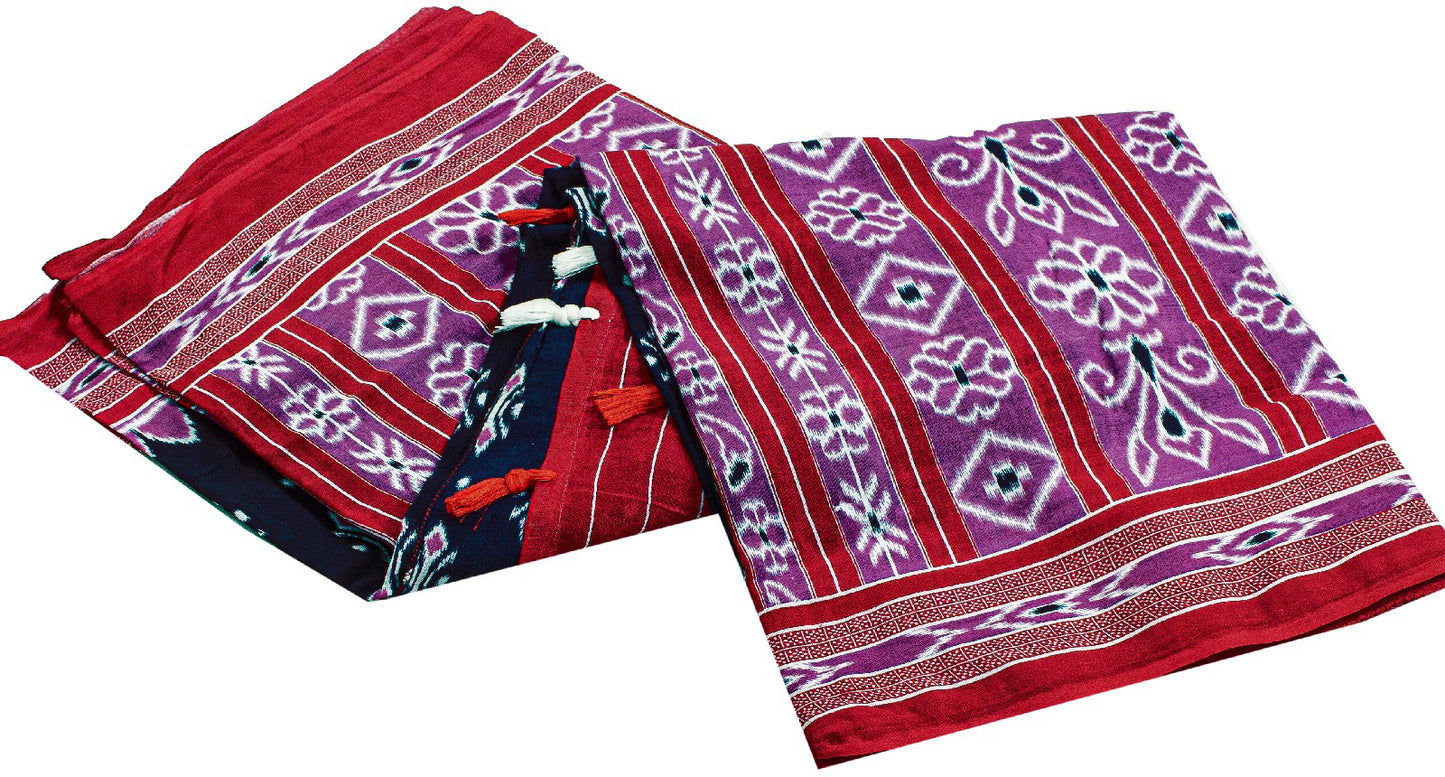 Sanskriti Vintage Sarees Blue & Pink 100%Pure Cotton Ikat Floral Print 5+YD Sari