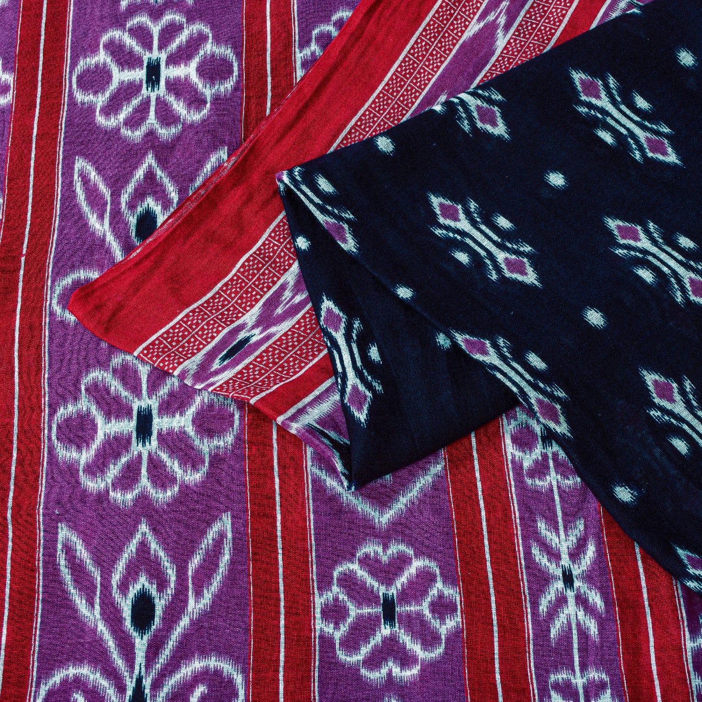 Sanskriti Vintage Sarees Blue & Pink 100%Pure Cotton Ikat Floral Print 5+YD Sari