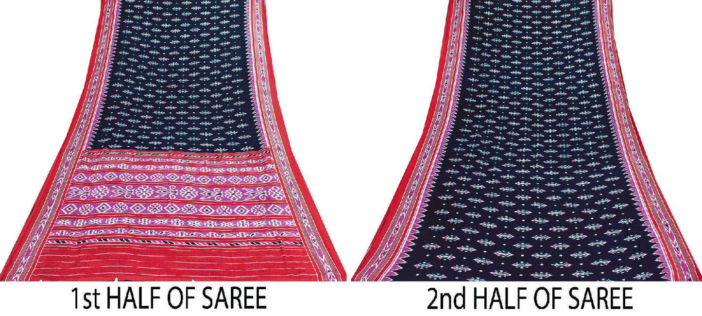 Sanskriti Vintage Sarees Blue & Pink 100%Pure Cotton Ikat Floral Print 5+YD Sari