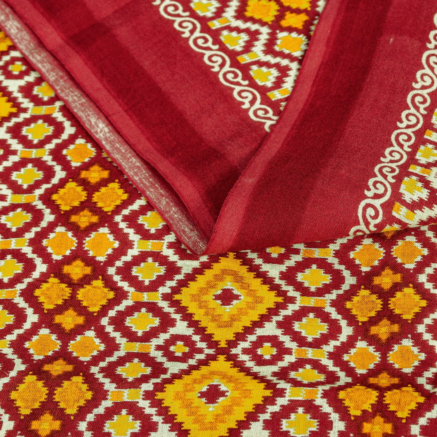 Sanskriti Vintage Saree Soft Red-Cream WarliArt Pure Cotton Geometric Print 5+Yd