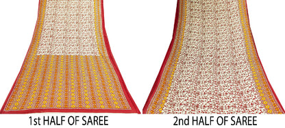 Sanskriti Vintage Saree Soft Red-Cream WarliArt Pure Cotton Geometric Print 5+Yd