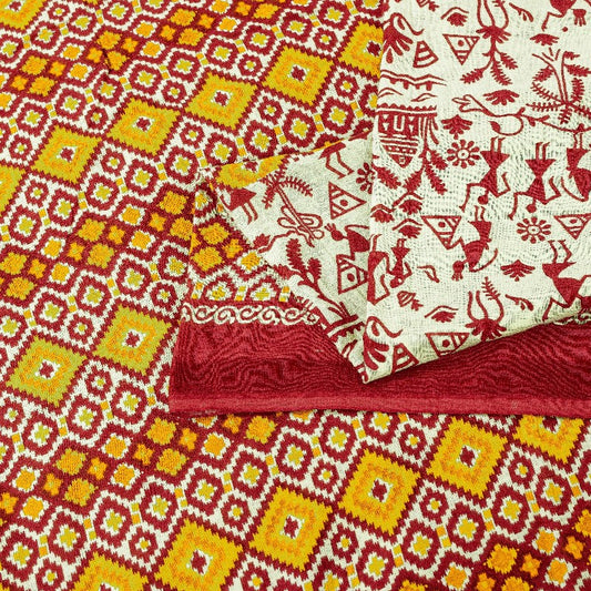 Sanskriti Vintage Sarees Cream Warli Art Pure Cotton Geometric Print 5+YD Sari