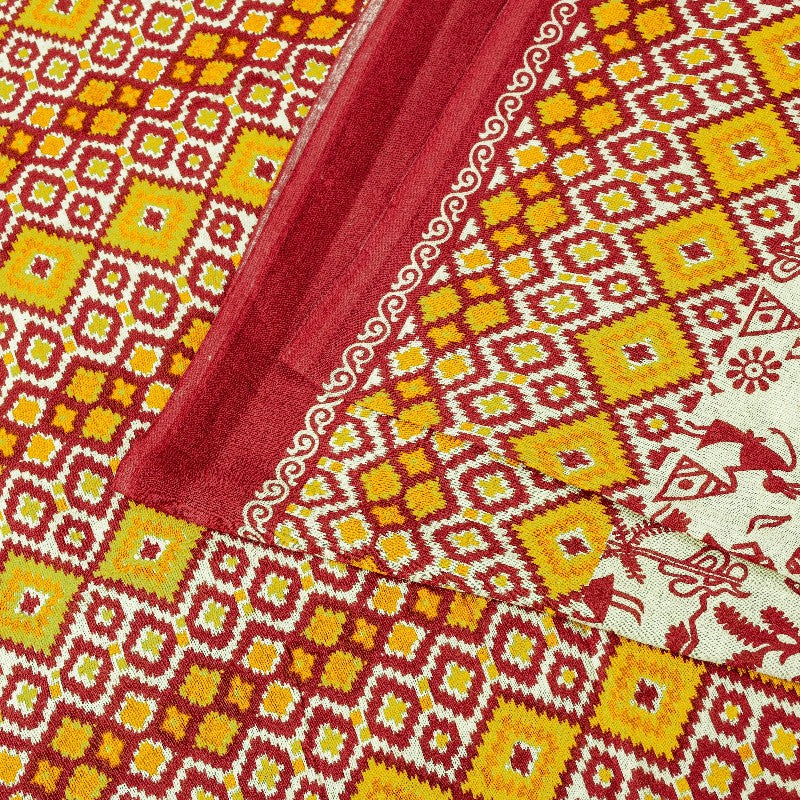 Sanskriti Vintage Sarees Cream Warli Art Pure Cotton Geometric Print 5+YD Sari