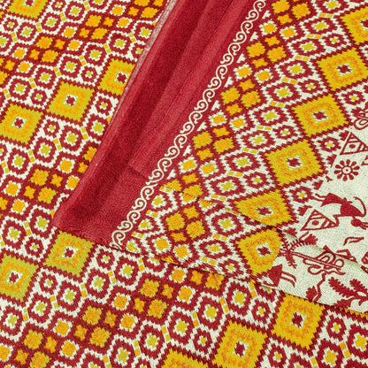 Sanskriti Vintage Sarees Cream Warli Art Pure Cotton Geometric Print 5+YD Sari