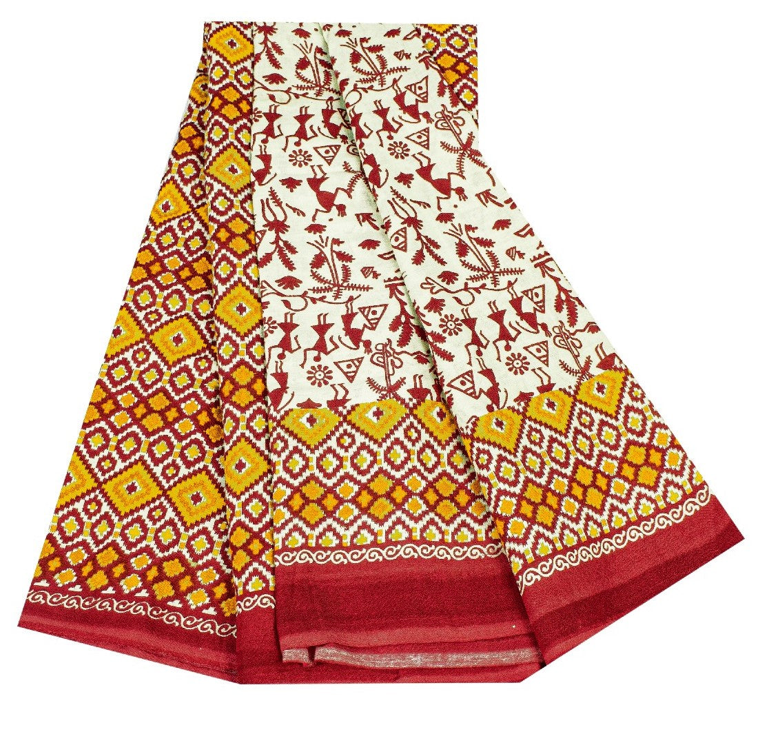 Sanskriti Vintage Saree Soft Red-Cream WarliArt Pure Cotton Geometric Print 5+Yd