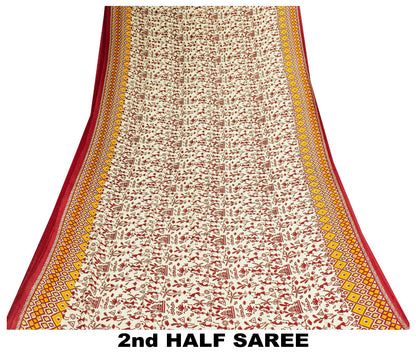 Sanskriti Vintage Saree Soft Red-Cream WarliArt Pure Cotton Geometric Print 5+Yd