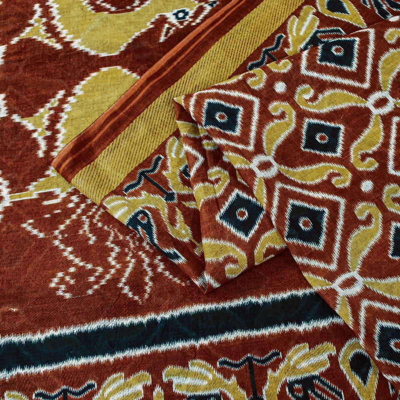 Sanskriti Vintage Sarees Brown Craft Pure Cotton Floral Peacock Print 5+YD Sari