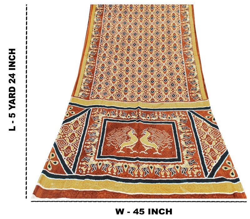 Sanskriti Vintage Sarees Brown Craft Pure Cotton Floral Peacock Print 5+YD Sari