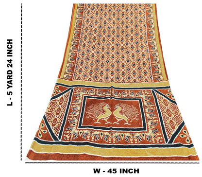 Sanskriti Vintage Sarees Brown Craft Pure Cotton Floral Peacock Print 5+YD Sari