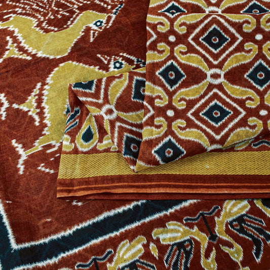 Sanskriti Vintage Sarees Brown Craft Pure Cotton Floral Peacock Print 5+YD Sari