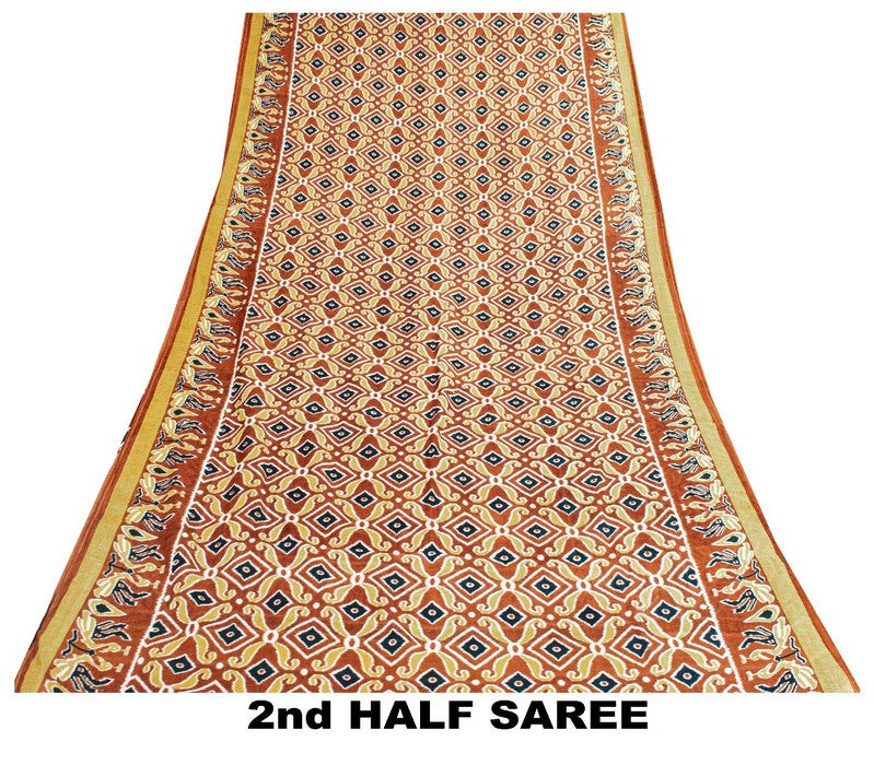 Sanskriti Vintage Sarees Brown Craft Pure Cotton Floral Peacock Print 5+YD Sari