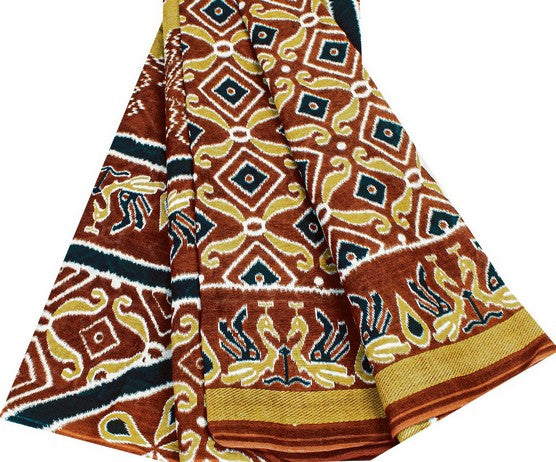 Sanskriti Vintage Sarees Brown Craft Pure Cotton Floral Peacock Print 5+YD Sari