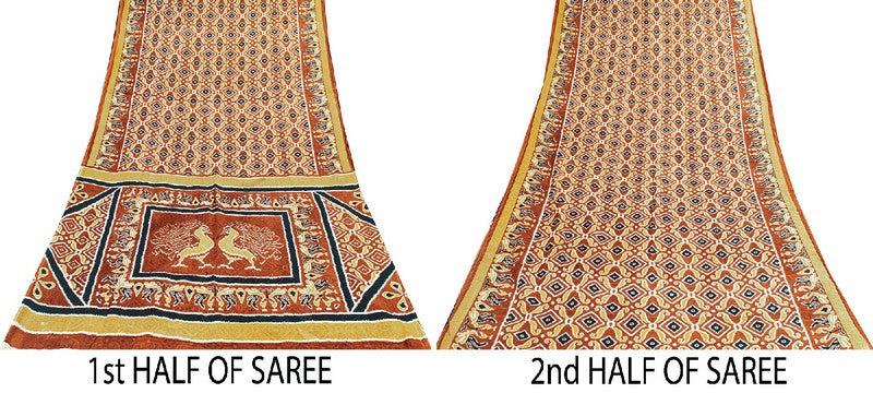 Sanskriti Vintage Sarees Brown Craft Pure Cotton Floral Peacock Print 5+YD Sari