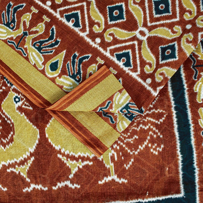 Sanskriti Vintage Sarees Brown Craft Pure Cotton Floral Peacock Print 5+YD Sari