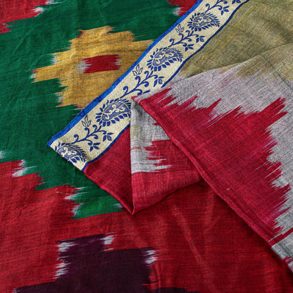 Sanskriti Vintage Brown Red Pure Cotton Ikat Saree Handwoven Geometric 5+YD Sari
