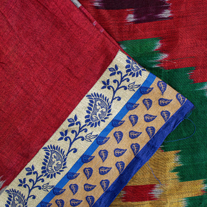 Sanskriti Vintage Brown Red Pure Cotton Ikat Saree Handwoven Geometric 5+YD Sari