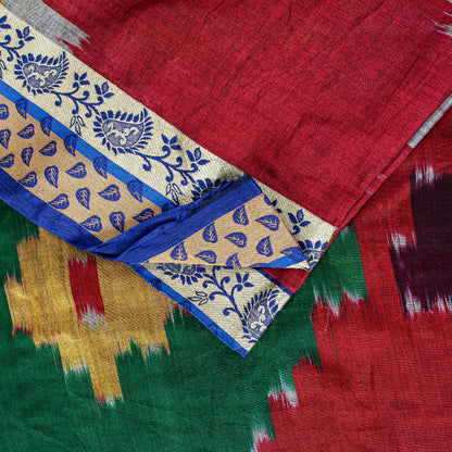 Sanskriti Vintage Brown Red Pure Cotton Ikat Saree Handwoven Geometric 5+YD Sari