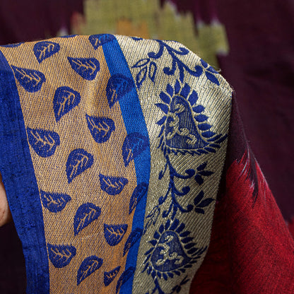 Sanskriti Vintage Brown Red Pure Cotton Ikat Saree Handwoven Geometric 5+YD Sari